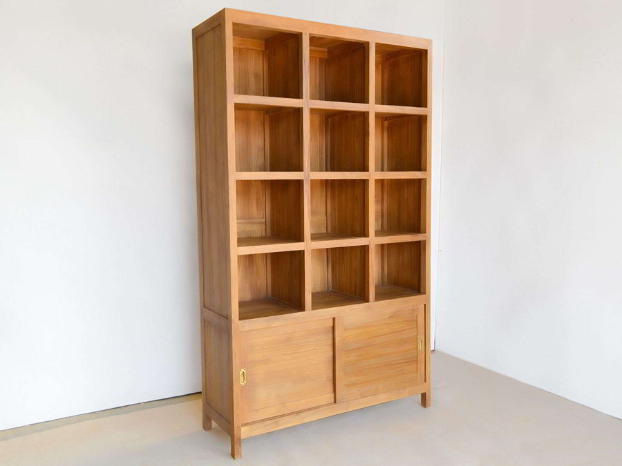 Teak solid wood bookshelf 2 sliding doors
