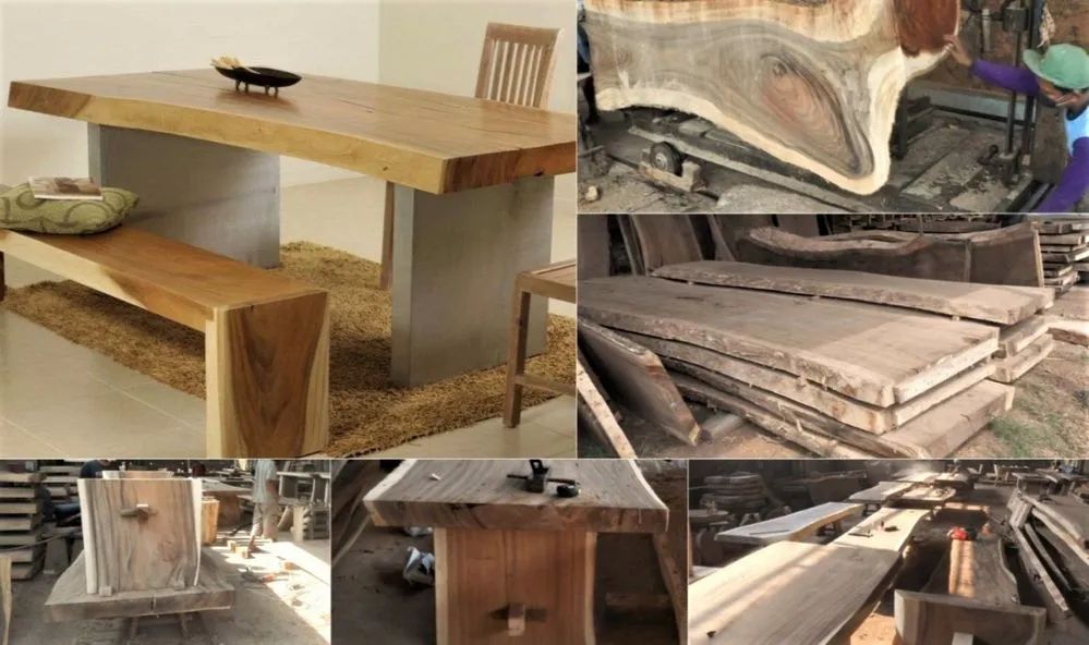 Live edge wood slabs top table made of rain wood